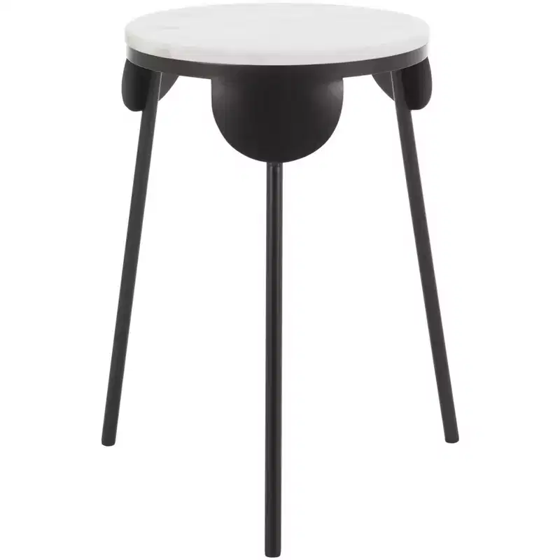 Round White Marble Accent Table, Black Powder-Coated Iron Legs, 60 lb Capacity