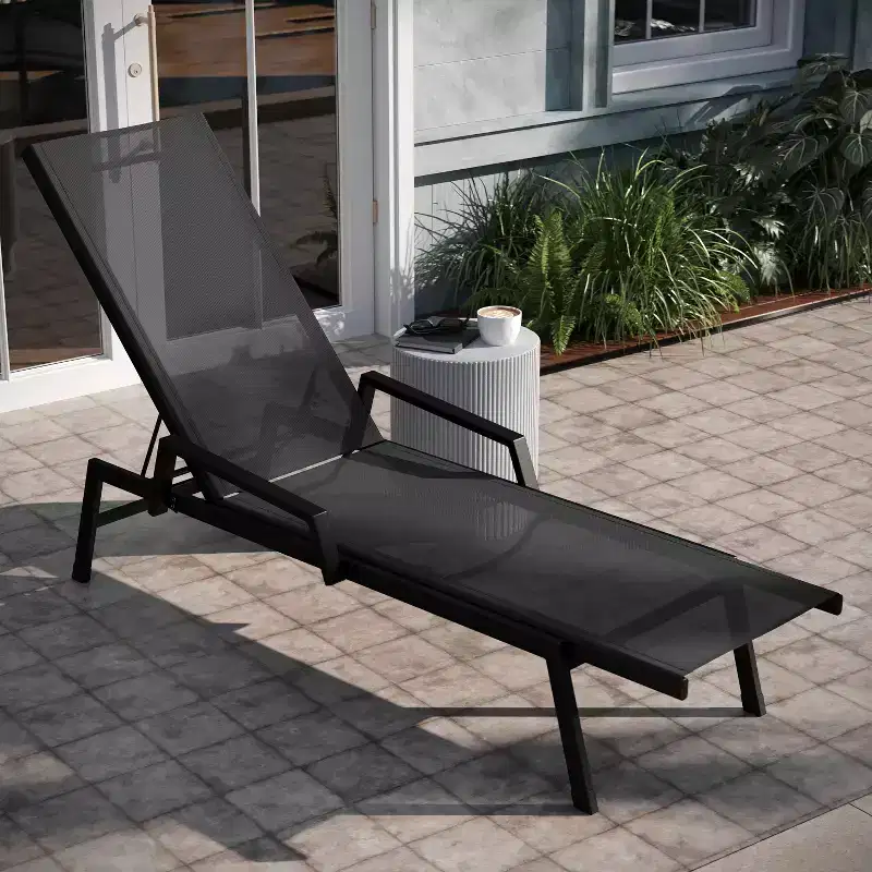 Emma and Oliver Textilene Adjustable 5 Position Patio Chaise Lounge with Armrests and Metal Frame