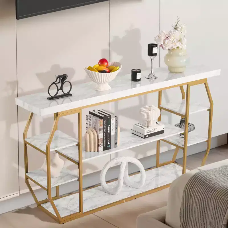 Marble Console Table, 3 Tiers Modern Console Table for Open Storage, Golden Geometric Table with Iron Tubes, Anti-Tip Device, Gold