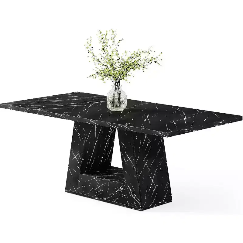 63-Inch Dining Table for 4-6 People, Wooden Triangle Pedestal Base, Black Faux Marble