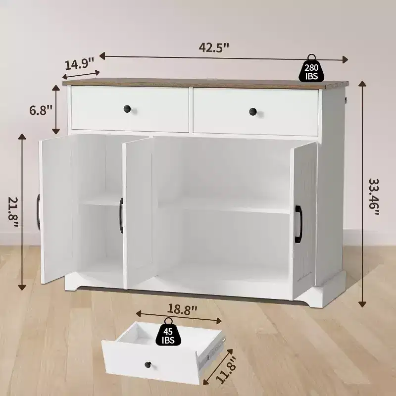42.5 Farmhouse Buffet Cabinet - Storage Sideboard with Drawers & Adjustable Shelf for Dining Room