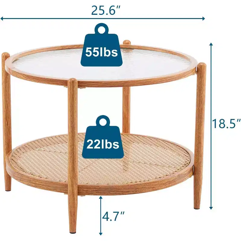 25.6 Rattan Coffee Table, Round Glass Coffee Table for Living Room, Natural Vibe