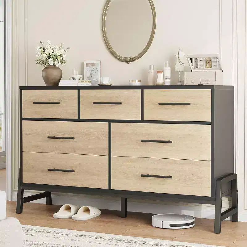 52 Storage Cabinet with 7 Drawers, Wooden Pantry Cupboard with Metal Handles & Legs, Freestanding Organizer for Living Room, Bedroom, Office