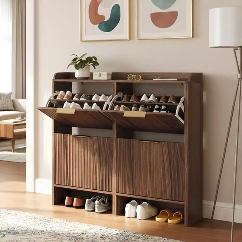Karl Home 42.9 Inch Slatted Style 4 Flip Door Shoe Cabinet with Tabletop Baffle
