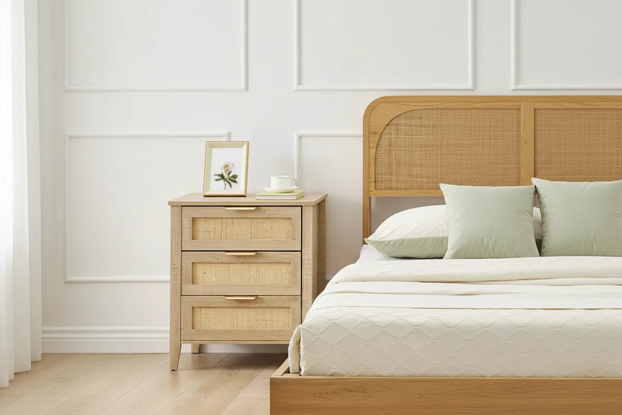 Wooden 3 Drawer Dresser,Rattan Nightstand, Metal Handle and Solid Wood Legs for Bedroom, Living Room, Entryway