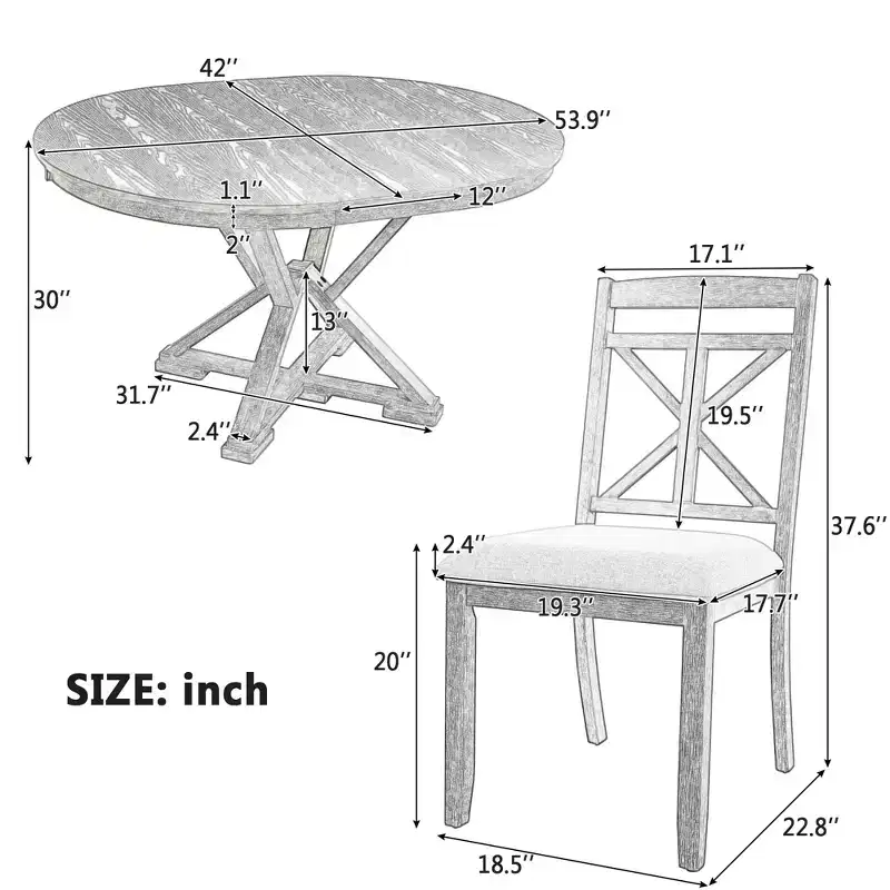 Whisen 5-Piece Extendable Wood Dining Table Set with 4-Upholstered Chairs