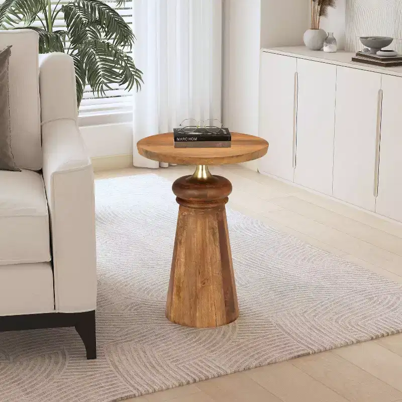 Round Mango Wood & Gold Metal End Table - Modern Accent Side Table, 22.5