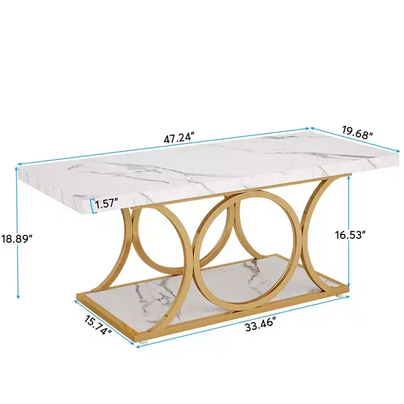 2-Tier Modern Coffee Table – White Faux Marble Top & Gold Metal Legs, 47