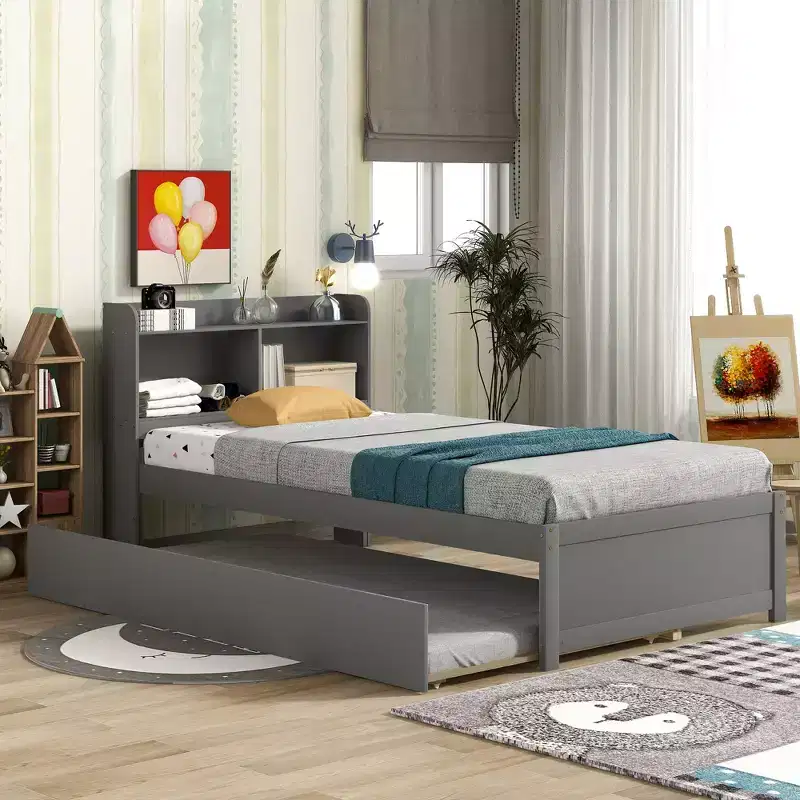Twin Platform Bed with Storage Headboard Pull Out Trundle Sturdy Pine Wood Bed for Living Room Gray