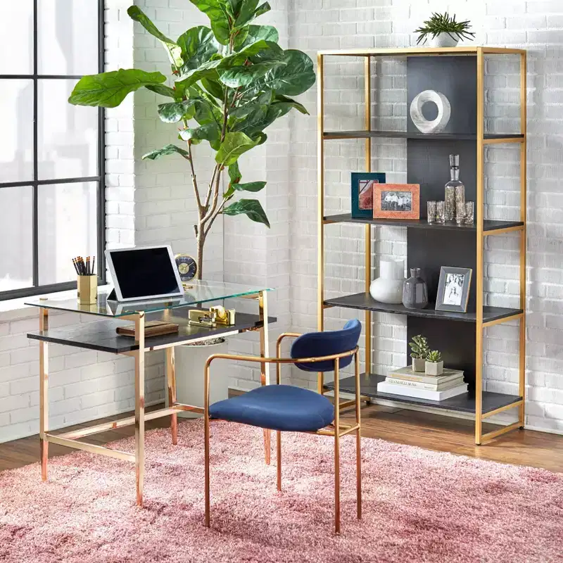 Lifestorey Thayer Mid Century Glass Desk Bright Gold: Modern Elegance, Metal Frame, Open Storage Shelf