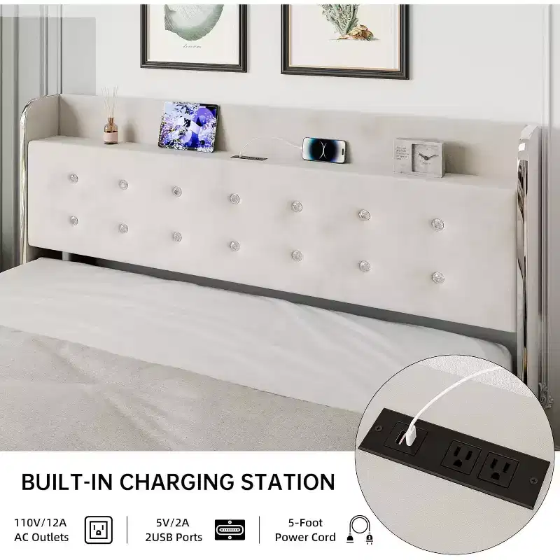 Queen Bed Frame with 4 Storage Drawers, Velvet Upholstered Platform Bed Frame, Wooden Slats Support, No Box Spring Needed, 1000lbs Support, Beige