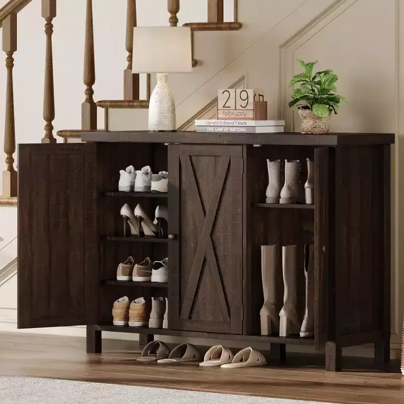 Coolmee 4-Tier Shoe Cabinet with Doors, Farmhouse 35'' Shoe Storage Cabinet for Entryway, Large Shoe Organizer Cabinet for Living Room Hallway