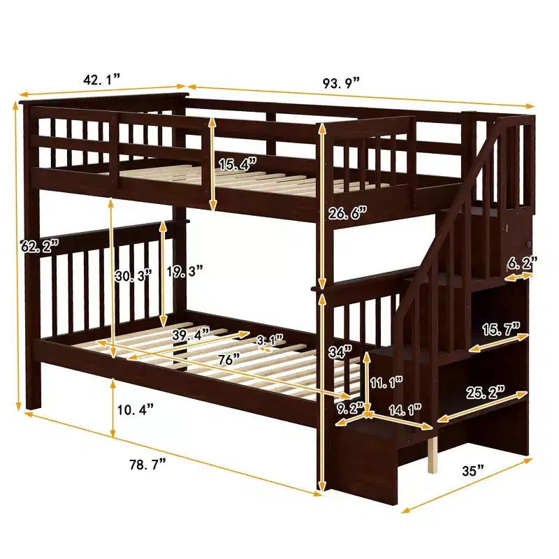 Stairway Twin over Twin Bunk Bed for Kids, Bunk Bed Frame with Storage and Guard Rail for Bedroom Dorm