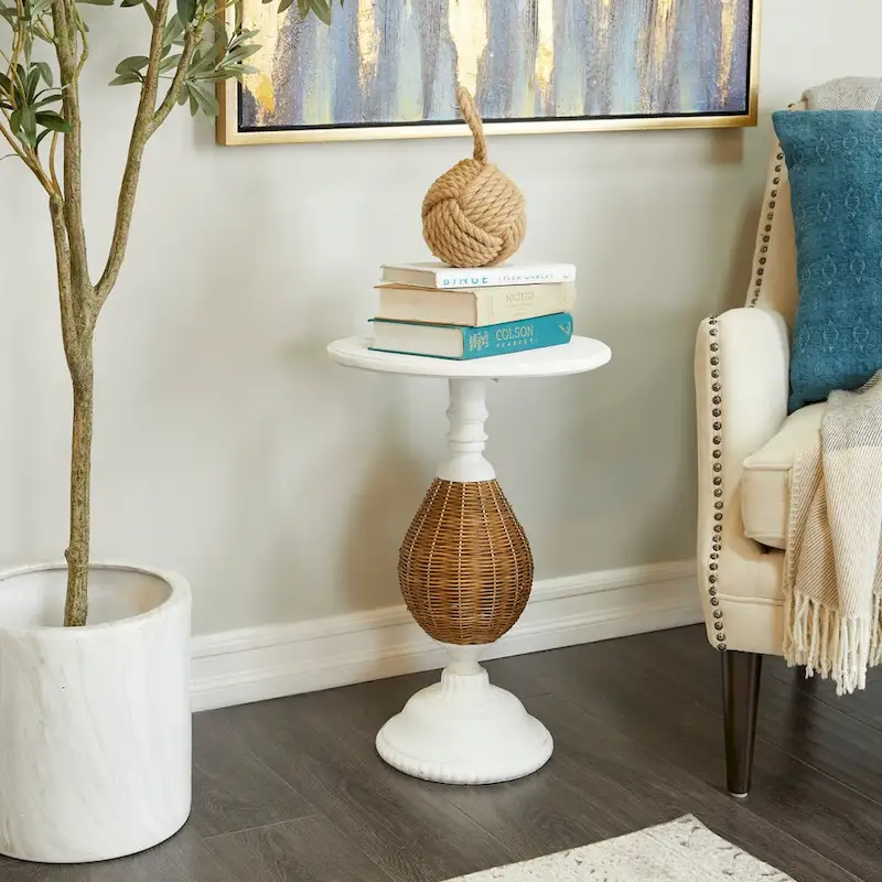 Wood Accent Table with Black Metal and Rattan Base - Brown or White