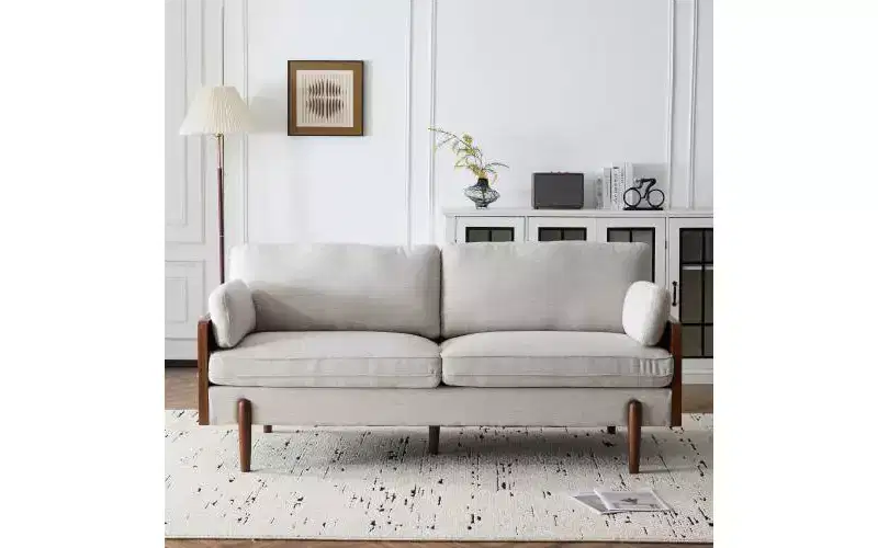 Christopher Knight Home Ella Modern Upholstered 71.75 Wood Frame 3 Seater Sofa with Accent Pillows Beige