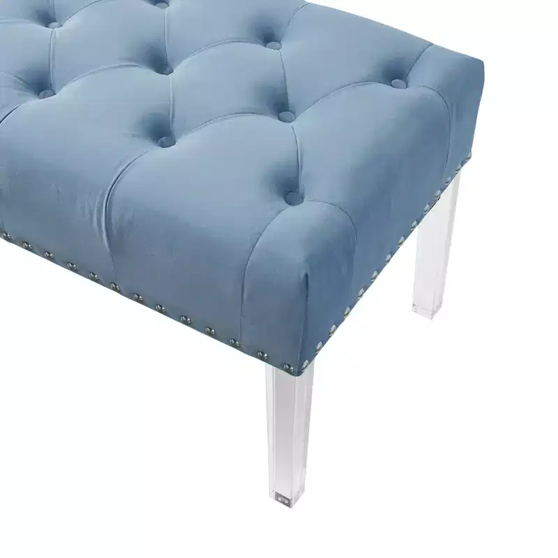 Button-Tufted Velvet Upholstered Bench with Acrylic Legs, Blue