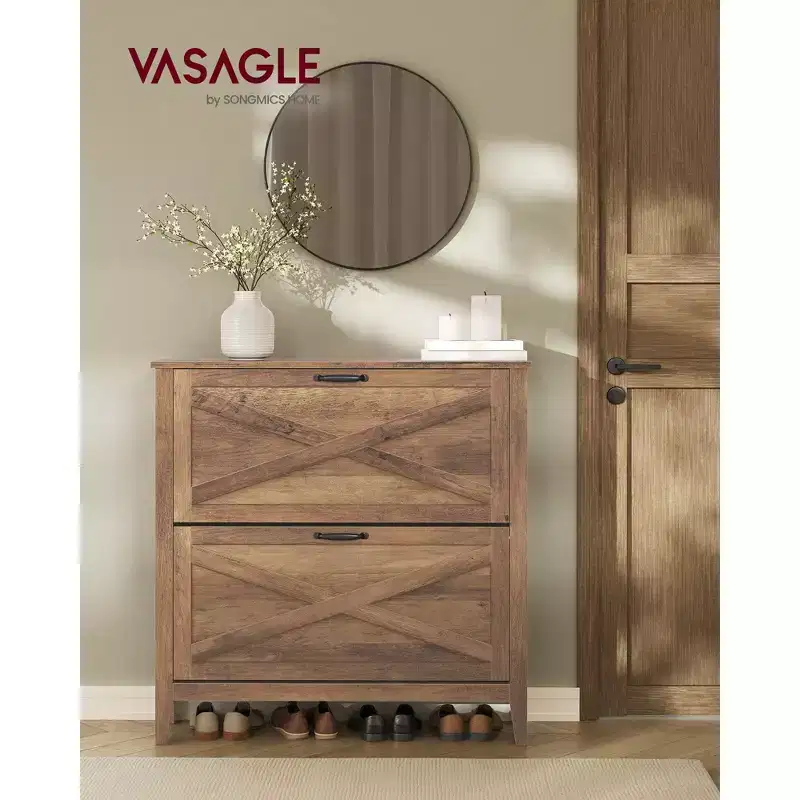 Shoe Storage Cabinet Organizer with 2 Flip Drawers, Freestanding Narrow Shoe Rack Cabinet, Fits 12 to 16 Pairs, Honey Brown
