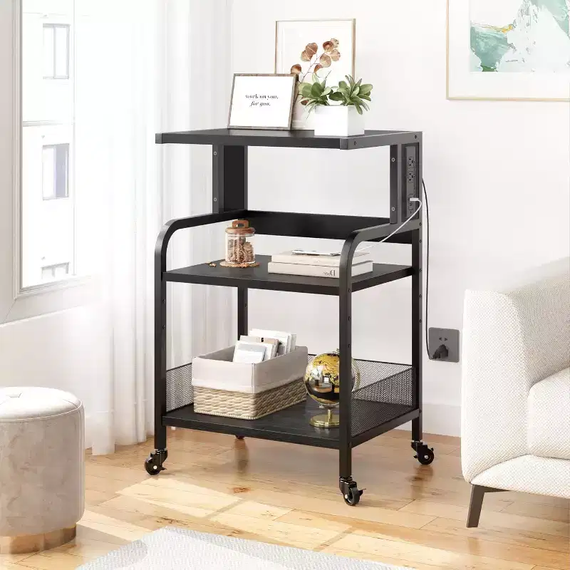 Large Mobile Printer Stand with Power Outlets and USB Ports, Adjustable 3-Tier Rolling Cart with Wheels for Home Office, Rustic Black