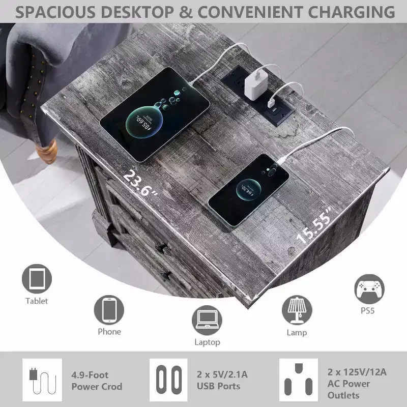26 Nightstand with Charging, 23.6 Farmhouse Table Open Shelf & 2 Drawers
