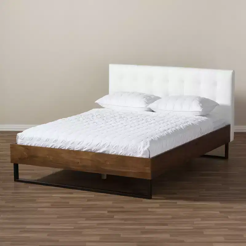 Queen Mitchell Rustic Industrial Walnut & Faux Leather Bed - Baxton Studio: Steel Legs, Padded Headboard