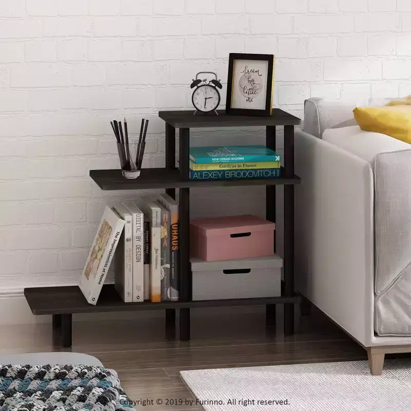 3-Tier Reversible Sofa Side End Table W/Open Storage Shelves,Espresso