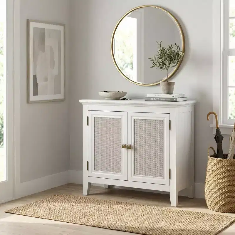 Farmhouse Storage Cabinet with Rattan Doors, Accent Buffet Sideboard with Adjustable Shelf