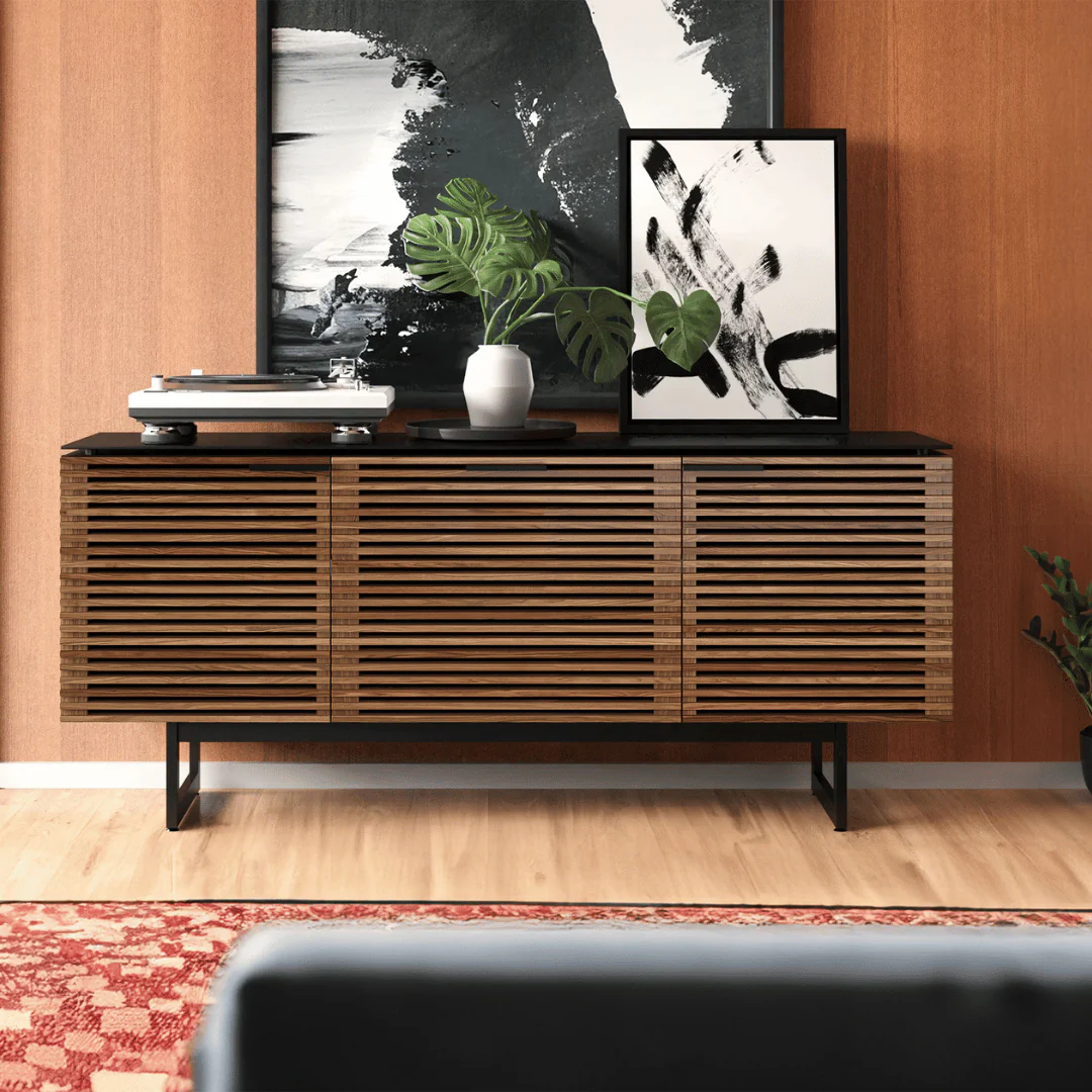 Mid-Century Natural Walnut Entertainment Cabinet with Storage for Living Room
