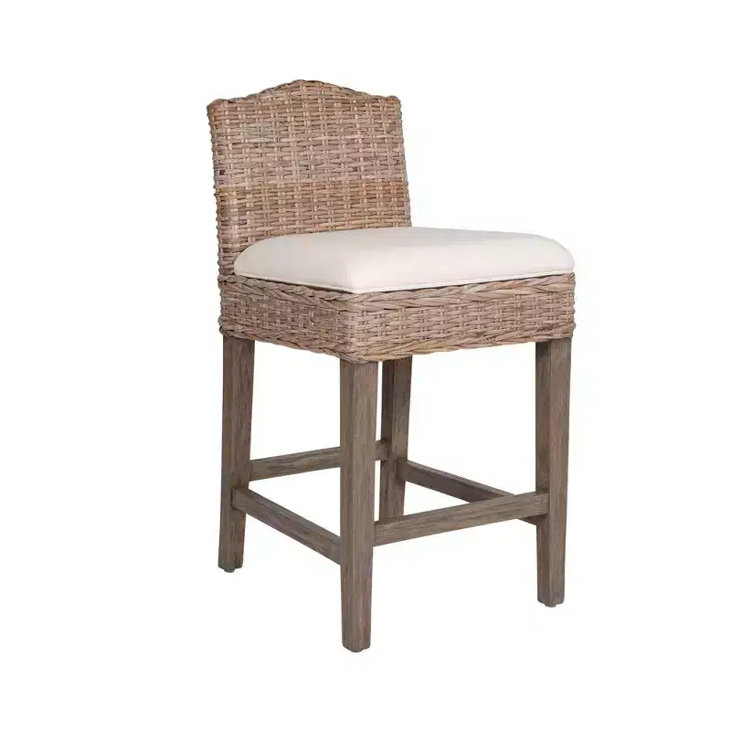Rattan Counter Height Barstool with Upholstered Seat and Wood Base – Tan Cotton