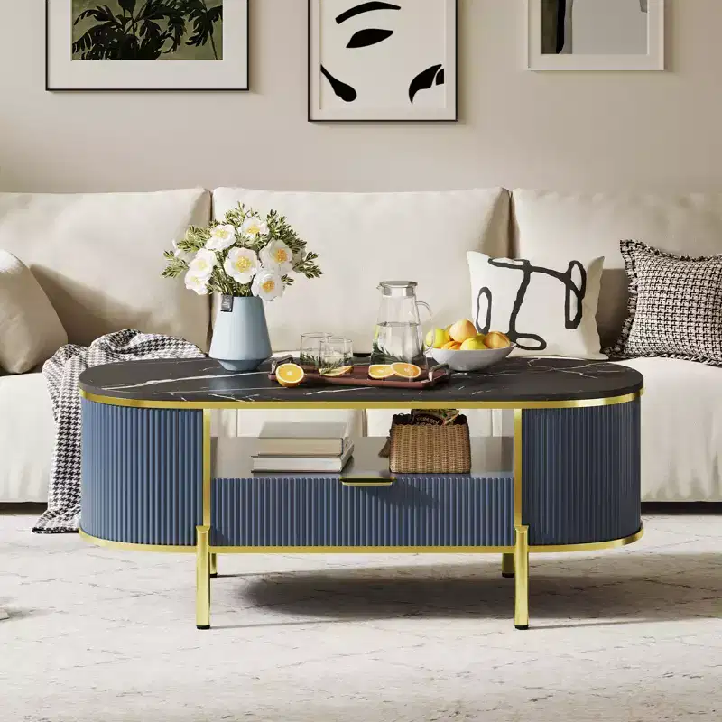 Modern Grooved Coffee Table, 48 Inch Oval Coffee Table with Drawers, Imitation Marble Tabletop, Metal Trim, Natural Oak Center Table for Living Room