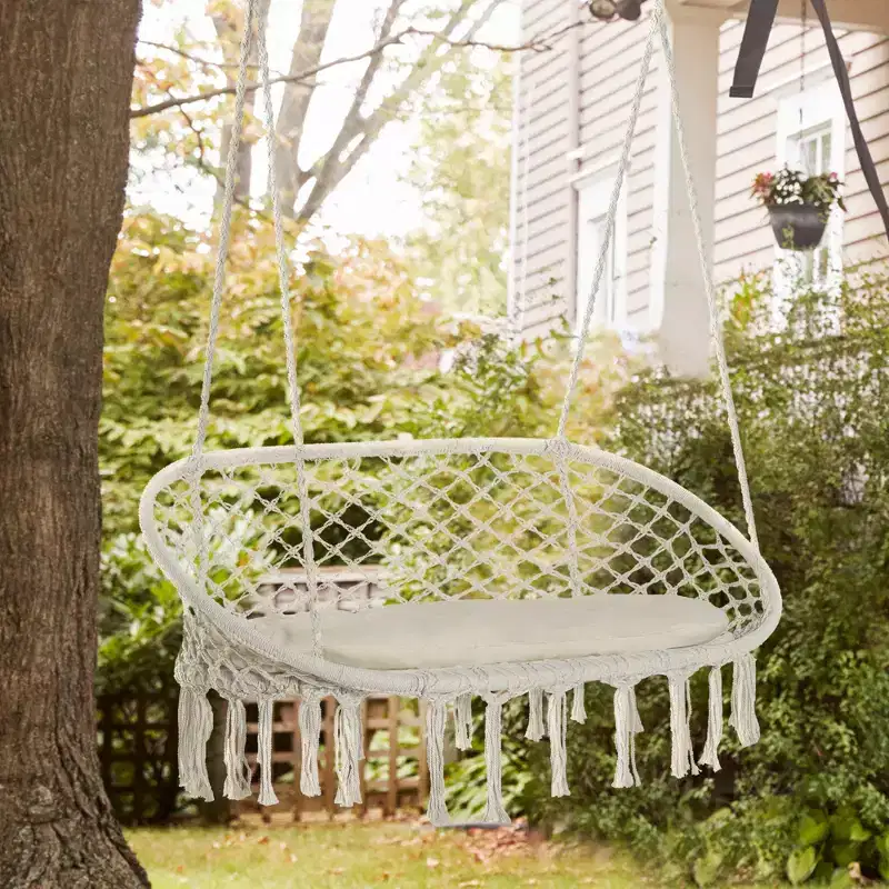 2-Person Hammock Chair Macrame Swing with Soft Cushion, Hanging Cotton Rope Chair for Indoor Outdoor Home Patio Backyard, White