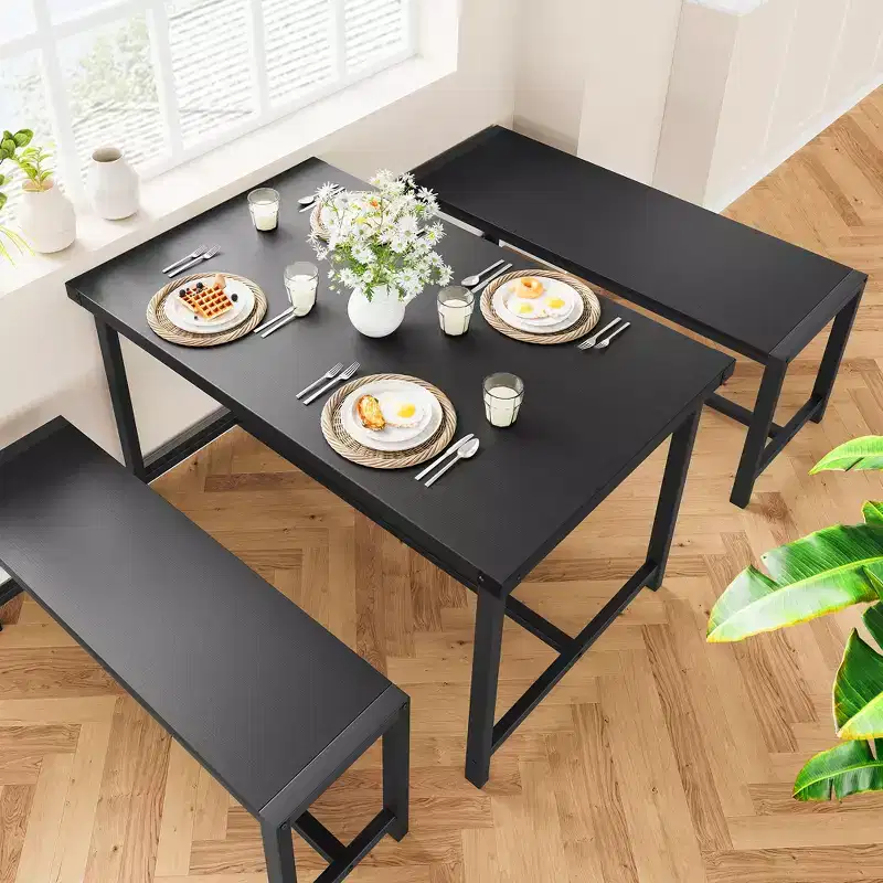 COZONY 3-Piece Dining Table Set for 4, Wood Kitchen Table with 2 Benches, Space-Saving Dinette Furniture for Small Spaces & Apartments