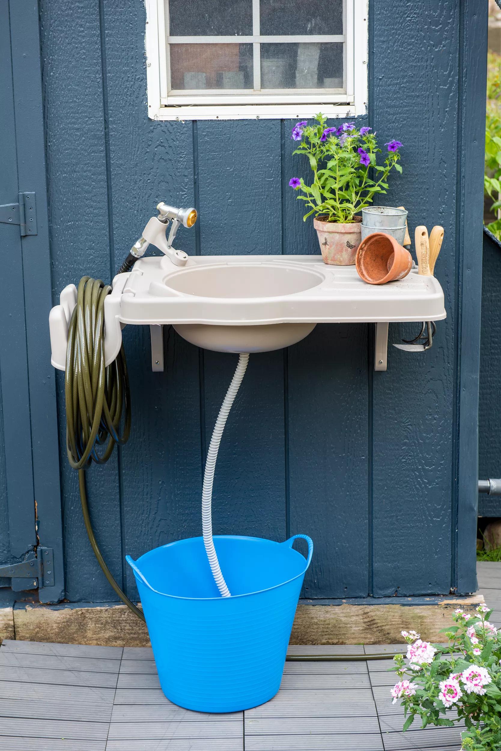 Wall-Mounted Outdoor Garden Sink with Hose Caddy and Tool Slots