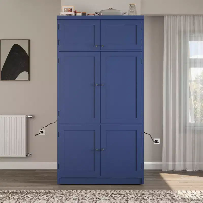 GDFStudio Hallie Large Shaker Style Kitchen Pantry with 2 Power Outlets, Adjustable and Door Shelves