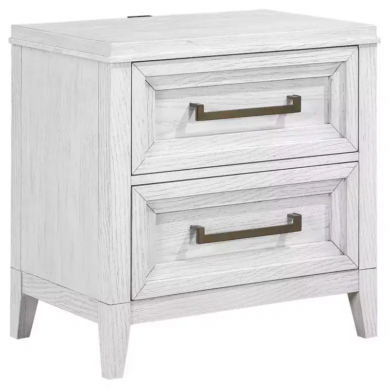 Distressed White 2-Drawer Nightstand with Brass Pulls
