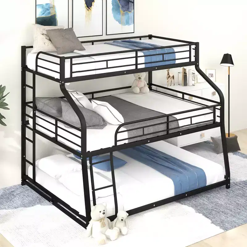Whisen Metal Twin XL/Full XL/Queen Triple Bunk Bed with Long and Short Ladder and Full-Length Guardrails