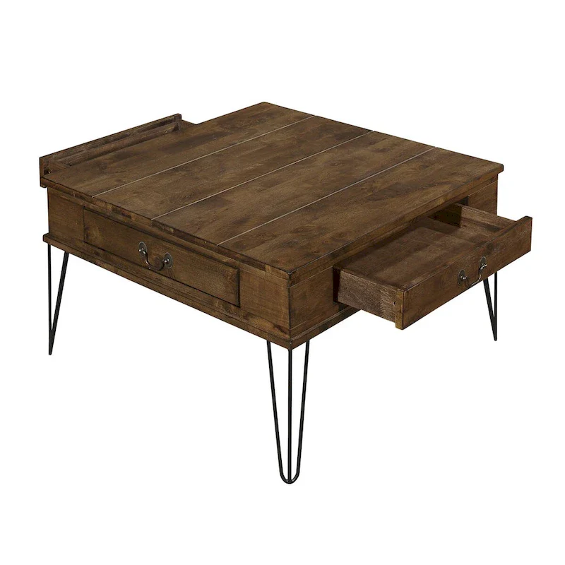 32 Inch Square Cocktail Coffee Table with 2 Drawers, Brown Wood, Black Legs