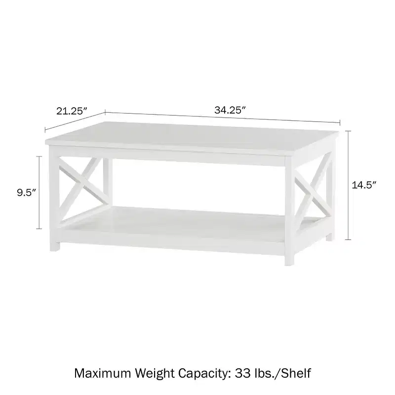 2-Tiered Low Profile X-Leg Design Coffee Table - White
