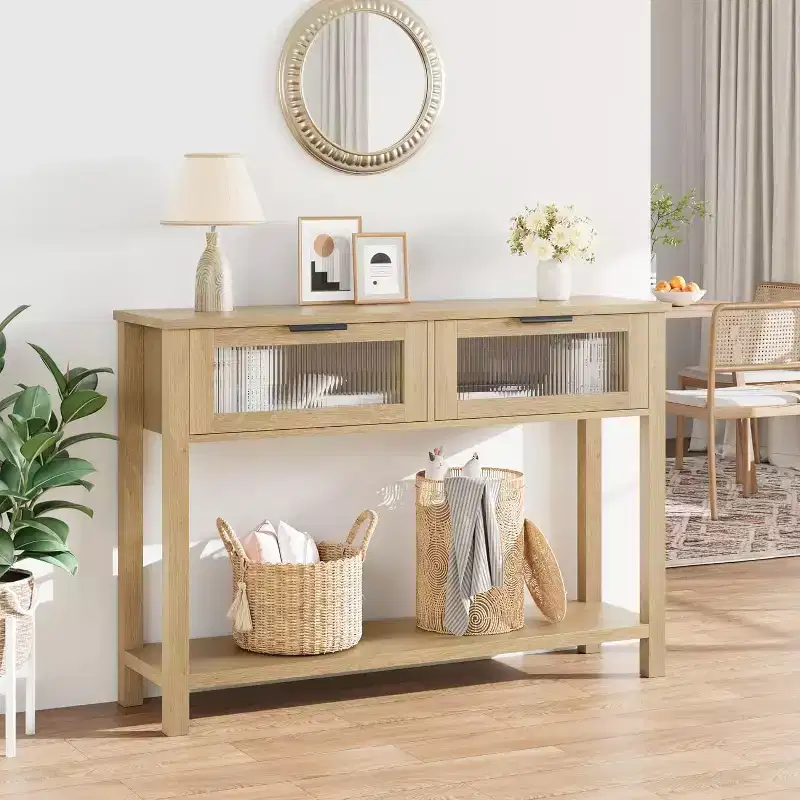 Rustic Wood Console Table with 2 Glass Drawers - Narrow 2-Tier Sofa Side Table - Open Storage Shelf for Living Room, Hallway, Foyer, Kitchen, Office