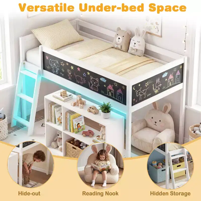 Costway Kids Loft Bed w/LED Lights Chalkboard & Removable Bookcase Safety Guardrail