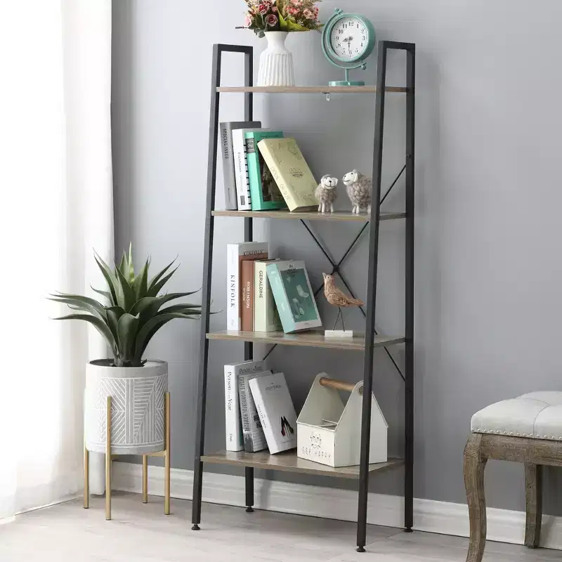 LuxenHome 4-Shelf 58.3 x 23.62 W Wood and Metal Ladder Bookcase. Brown