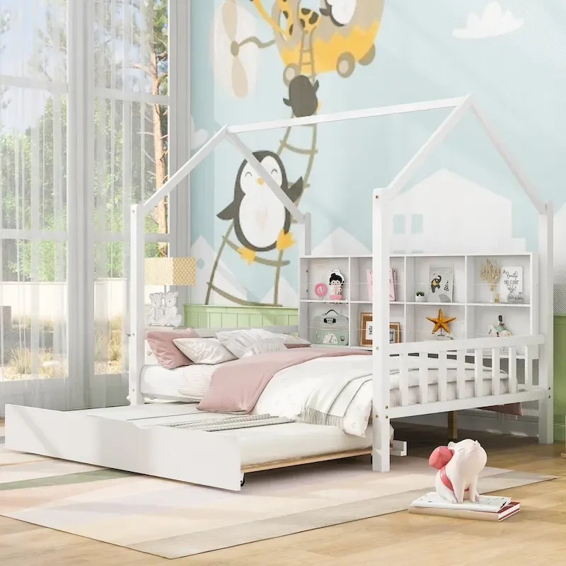 Full Solid Wood House Day Bed with Trundle