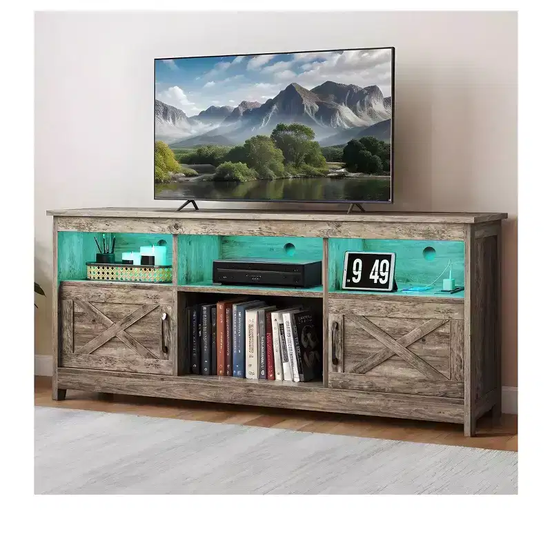 Farmhouse TV Stand for 65 Inch TVs, LED Entertainment Center with Cabinets, Power Outlet, Media Console for Living Room,Washed Grey