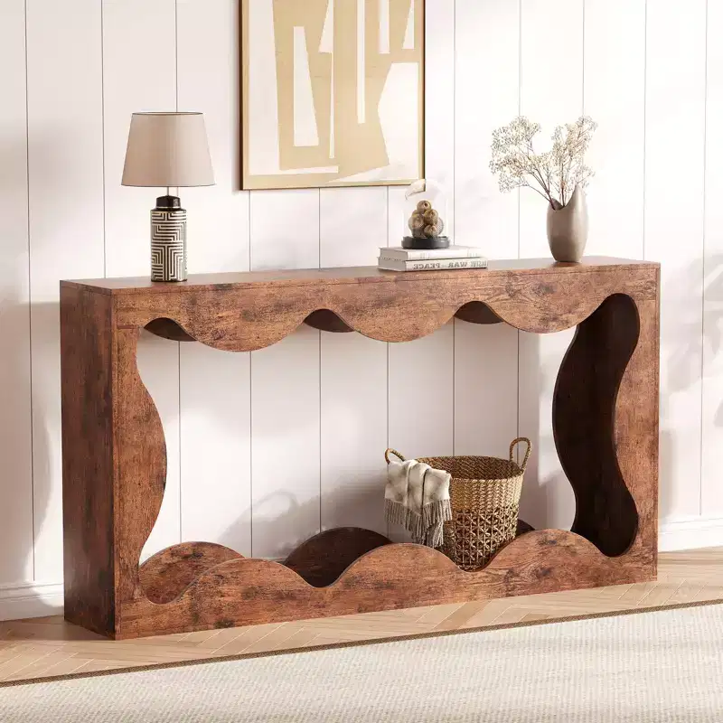 Engineered Wood Console Table with Fan-Shaped Edge & Lower Shelf 63''W x 33.7''H Brown