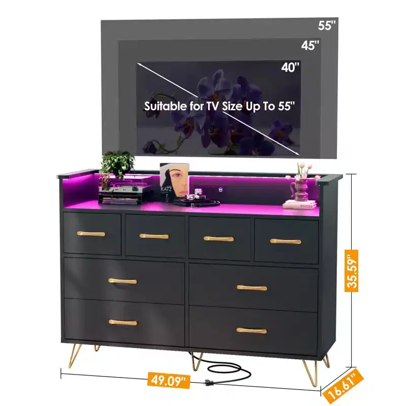 8-Drawer Dresser with Power Outlet, LED Lights & Gold Handles, Modern Wood Chest, White