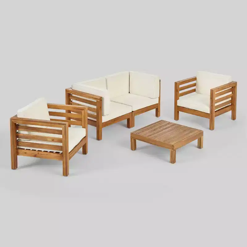 Oana 5pc Acacia Wood Loveseat Chat Set Teak/Beige: Modular Outdoor Furniture with Plush Cushions - Christopher Knight Home