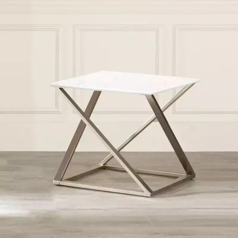 Square End Table in White Faux Marble with Asymmetrical Chrome Metal Base