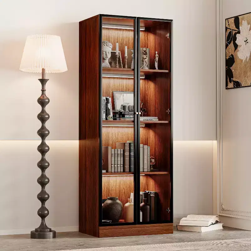 ATJafurn 23.6'' Brown Glass Display China Cabinet Liquor Curio Storage Hutch, Mid Century Modern Wooden 4-Tier Dining Shelf with Led for Living Room