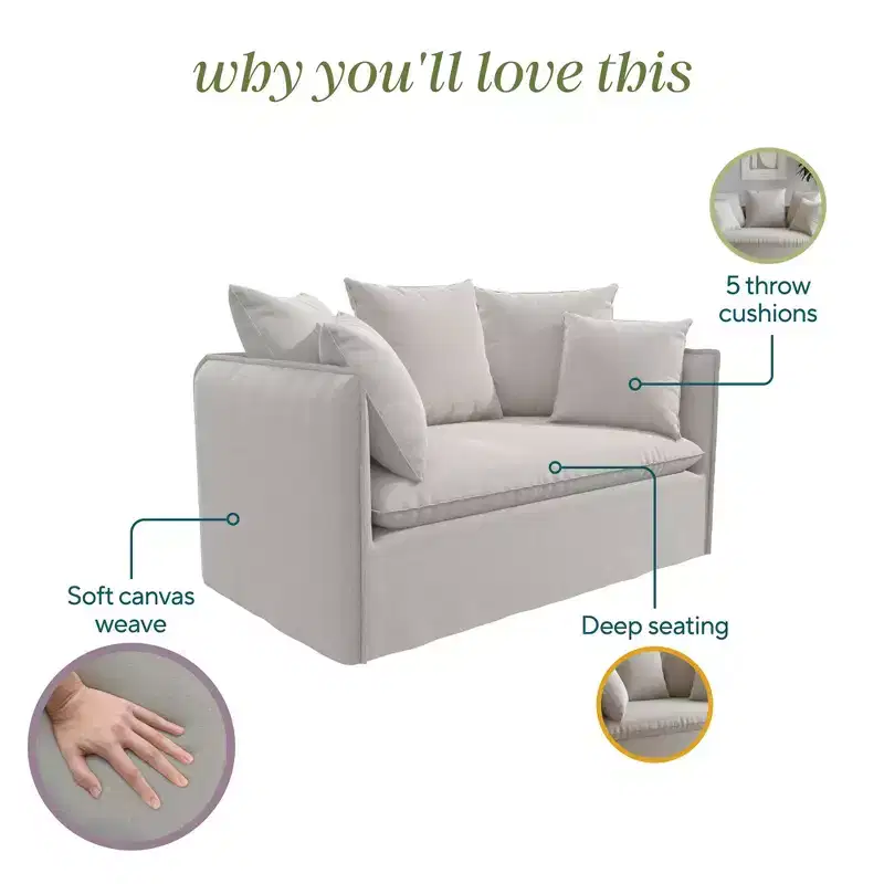Novogratz Collette Slipcover Loveseat Sofa, Off White Canvas Weave