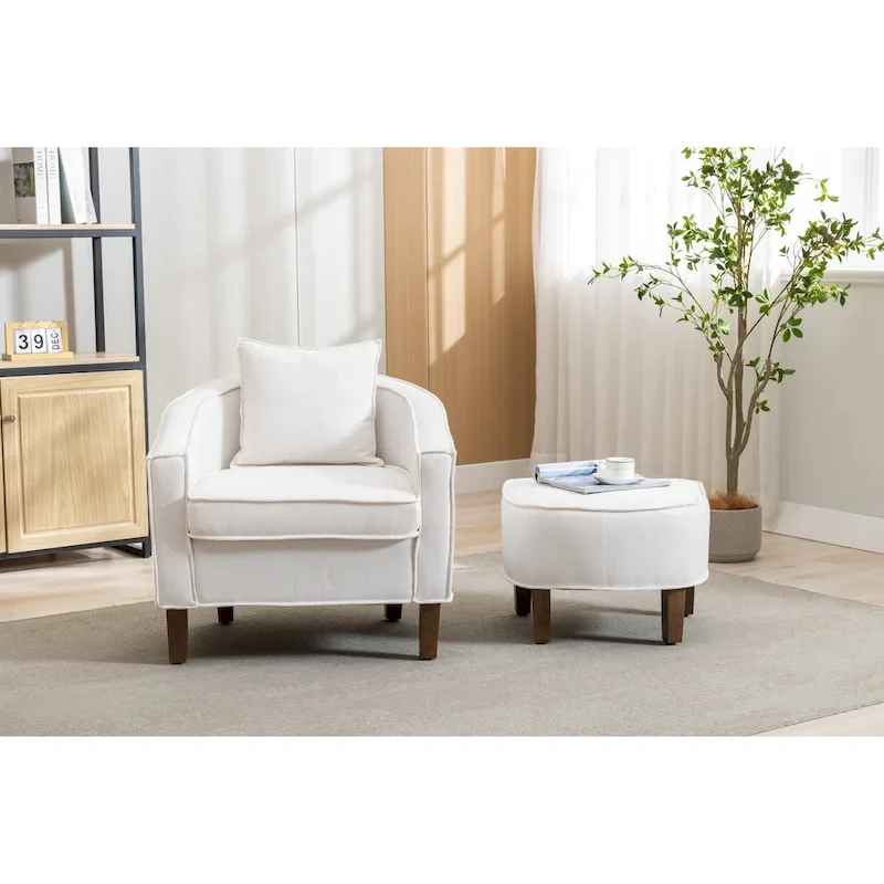 Mid-Century Upholstered Barrel Accent Round Arm Chair with Ottoman