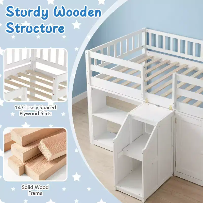 Twin Low Loft Bed with LED Light, Stairs & Guardrails, Modern Pine Wood Kids Bed, White/Mint/Gray